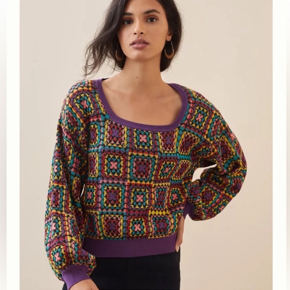 Anthropologie Farm Rio Crochet Sweater Plum Multi Color Geometric Small‎ Petite